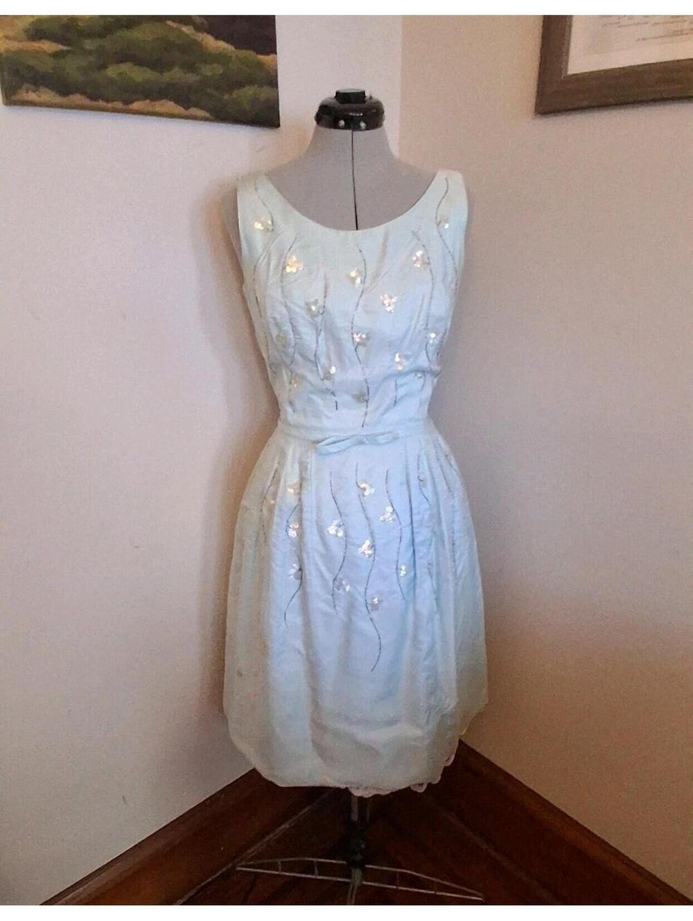 60s Vintage Dress, Beaded Light Blue Cocktail Prom Dress Sz M Wounded Bird